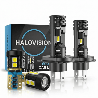 HaloVision Turbo LED Scheinwerfer H4 + T10 W5W Bündel 6000K Hellweiß - Canbus Plug and Play Abblendlicht Fernlicht Standlicht Tagfahrlicht Innenraum- und Kennzeichen-LED-Set