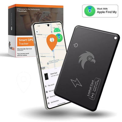 HawkDash Ultradünne globale GPS-Trackerkarte für iOS und iPhone – Kabelloses Laden, wasserdicht, Smart Wallet Tracker, kompatibel mit Apple „Mein Gerät suchen“.