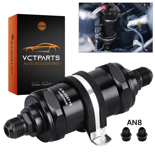 VCTparts Inline Brandstoffilter AN8 Zwart 100 micron RVS Element - Geschikt voor Benzine Diesel en Ethanol VCTparts 1