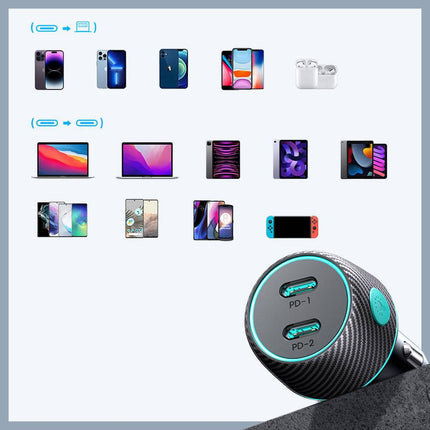 Joyroom Autolader Snellader 2x USB - C 70W met LED Zwart - VCTparts.nl