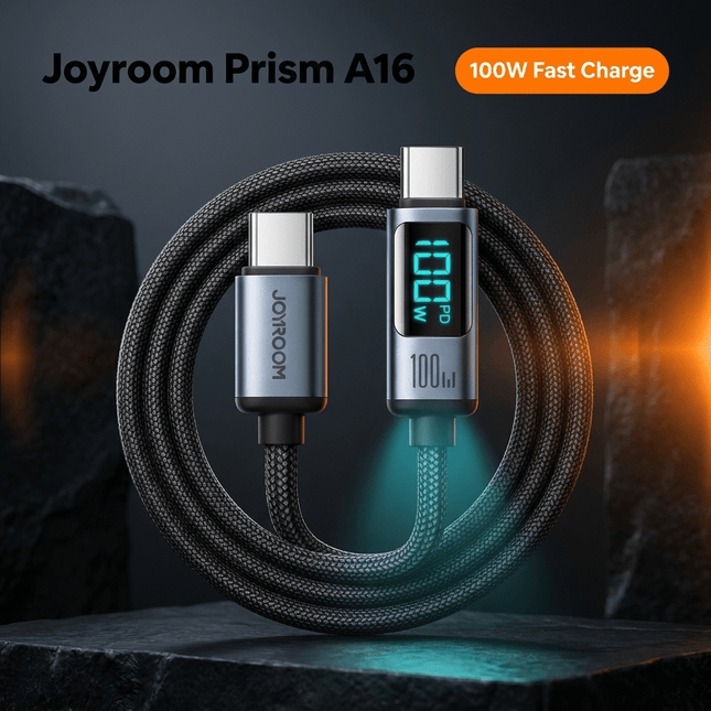 Joyroom Prism Series A16 USB - C naar USB - C Kabel 100W - met LED Display voor Snelladen en Dataoverdracht Zwart 1,2m Oplaadsnoer - VCTparts.nl