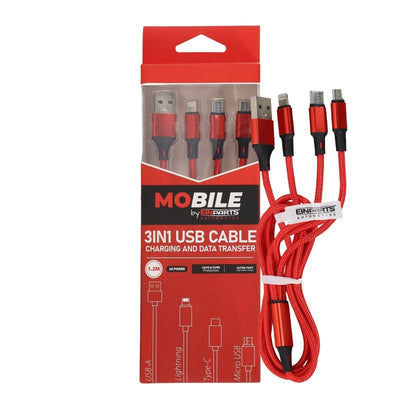 MoBile 3-in-1 USB-Kabel USB-A, USB-C, Lightning 1,2m – Nylon geflochtenes Schnellladekabel Ladekabel Rot