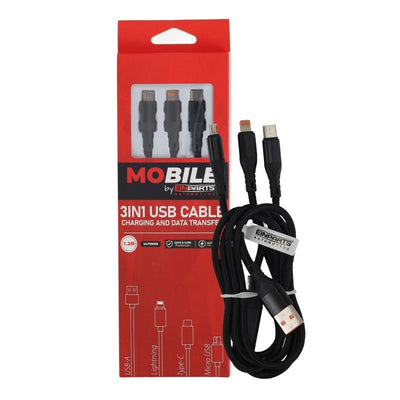 MoBile 3-in-1 USB-Kabel USB-A, USB-C, Lightning 1,2m – Nylon geflochtenes Schnellladekabel Schwarz