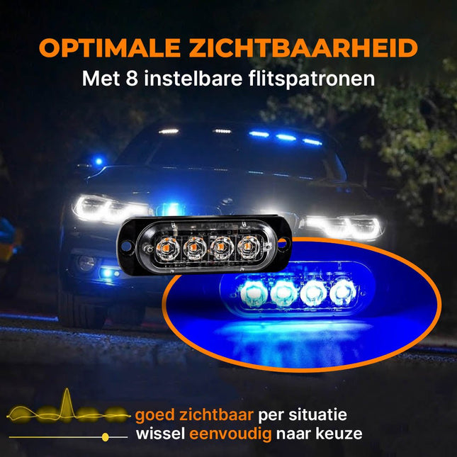 Professionele Blauwe LED Grillflitsers en Bumperflitsers (IP65) Krachtige Stroboscoop Zwaailichten Set voor Hulpdiensten of op Eigen Terrein - VCTparts.nl