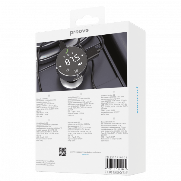 Proove FM Transmitter Sound Sync 30W (PD+QC3.0) TypeC+USB Grijs – Muziekstreaming en Snelladen in één Compacte Oplossing - VCTparts.nl