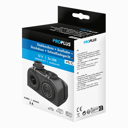ProPlus ProPlus Opbouw Kit 12V Stekkerdoos met 2x USB C Snellader 2 Weg 3A voor Auto PAT Europe 7