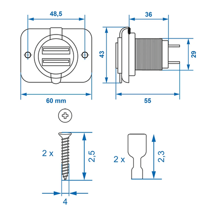 ProPlus USB - Inbouwdoos Tweevoudig Type A 3100mA - 12V/24V Laadcontactdoos met Bevestigingsmateriaal - VCTparts.nl