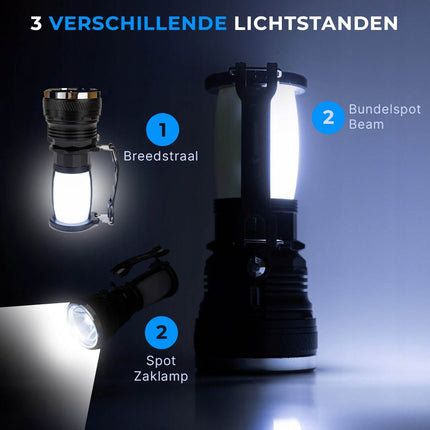 ReadyNest Solar LED Handlamp Zaklamp Lantaarn met 4 Functies – Oplaadbare Ronde Noodlamp Zonnepaneel of Stekker - VCTparts.nl