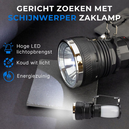 ReadyNest Solar LED Handlamp Zaklamp Lantaarn met 4 Functies – Oplaadbare Ronde Noodlamp Zonnepaneel of Stekker - VCTparts.nl