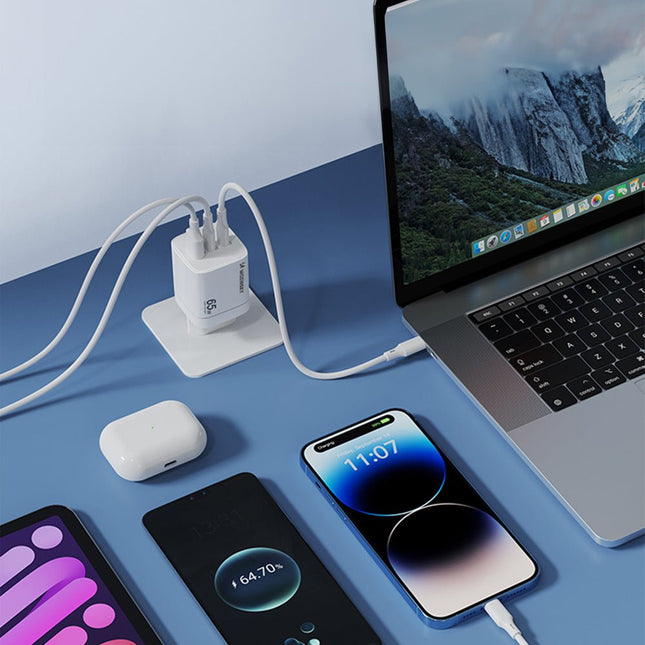 WOZINSKY 65W GaN Snellader – USB C PD Fast Charge – 2x USB C + USB A – Compacte Wandlader voor Telefoon Laptop Tablet – Wit - VCTparts.nl