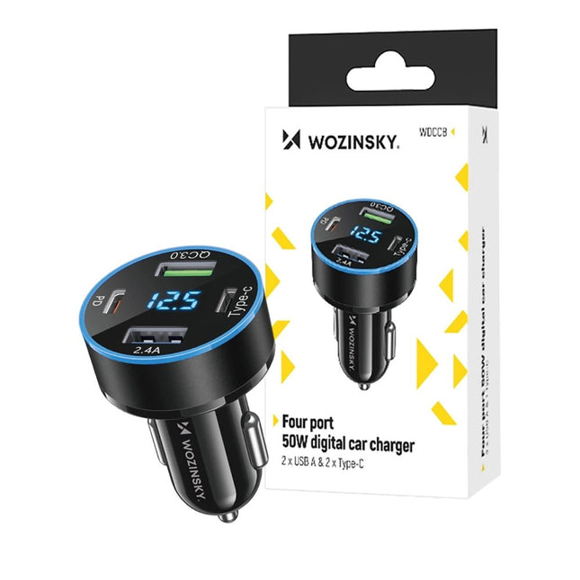 Wozinsky Auto Oplader 50W 2x USB - C 2x USB - A met Display en Snelladen 4 Poorten voor meerdere apparaten - VCTparts.nl