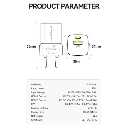 Wozinsky WWCEAC GaN USB A USB C 33W Snellader Voor Stopcontact Wit - VCTparts.nl